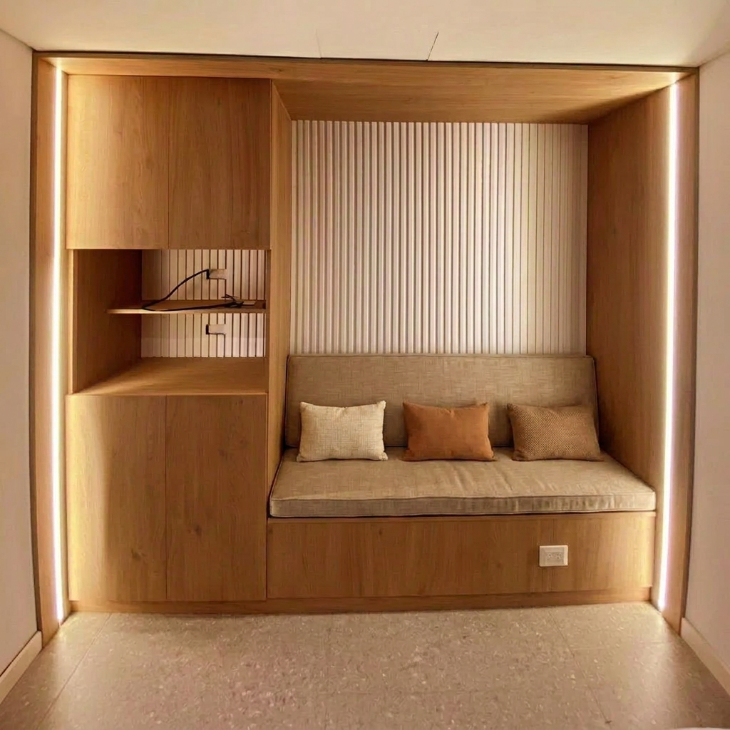 Escritorio integrado con estantería en madera